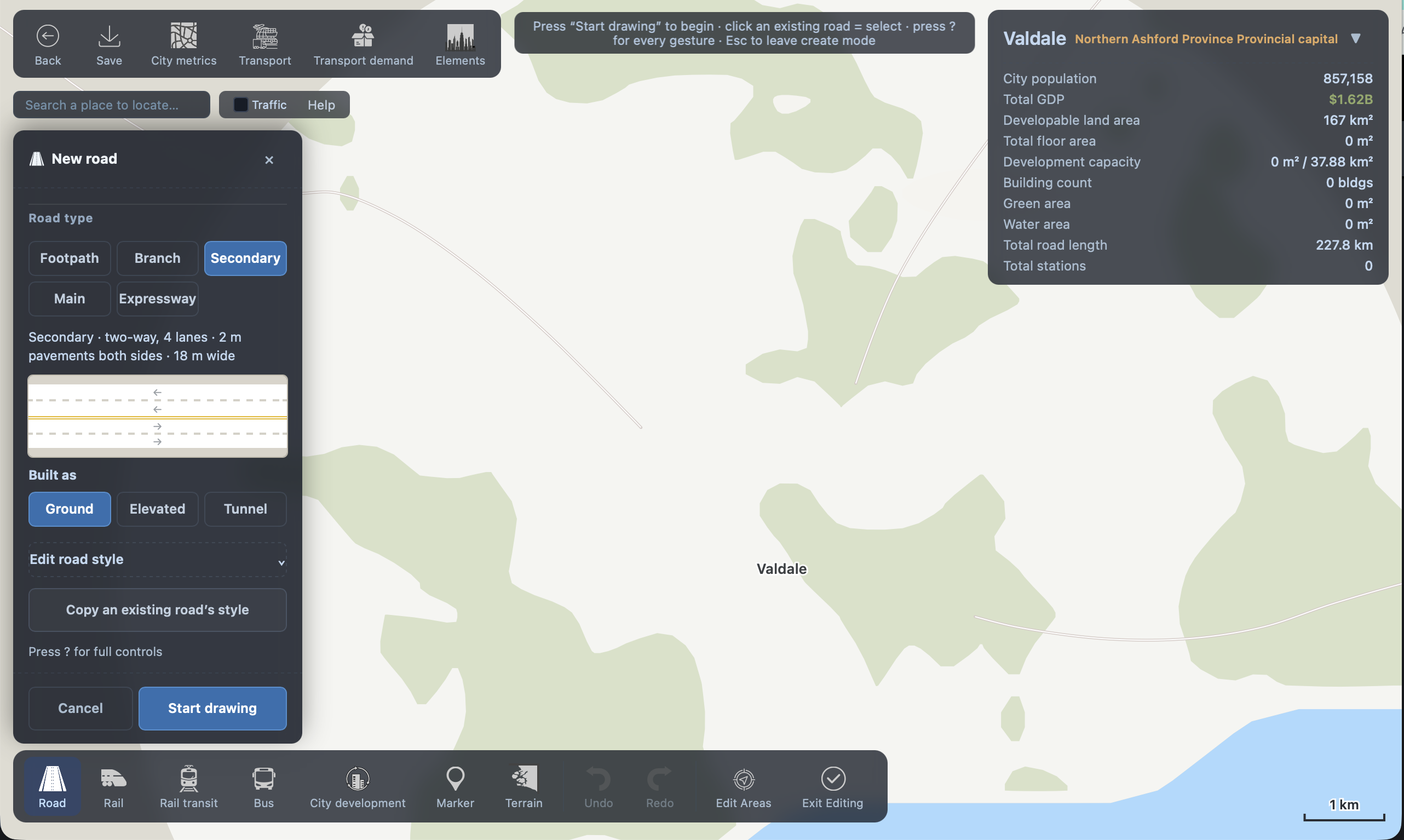 The City Map editor open on a provincial capital: a New road panel with road types from footpath to expressway and a live cross-section preview, city metrics in the corner, and a bottom toolbar for rail, transit, buses, city development and terrain.