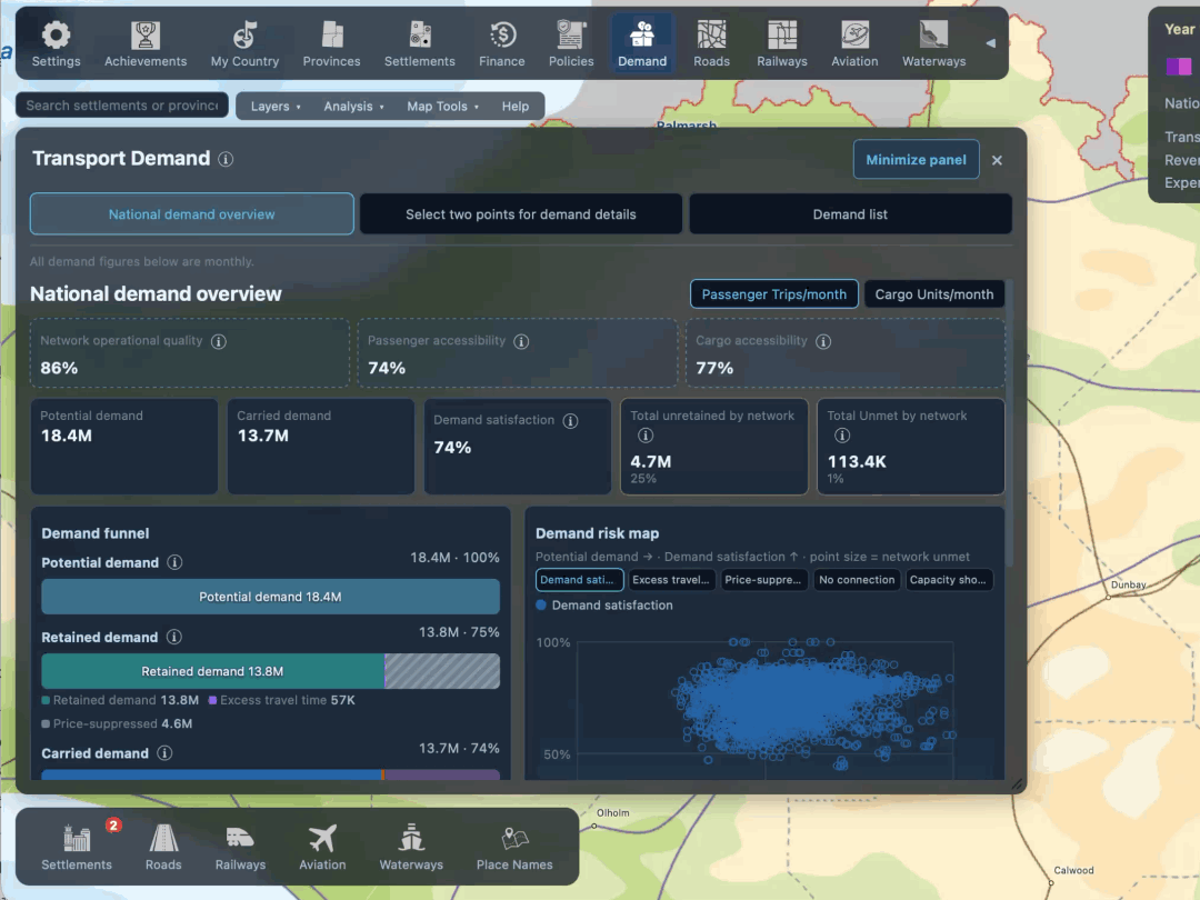 The Transport Demand panel's National demand overview tab: headline cards for potential demand, carried demand and demand satisfaction, the demand funnel bars from potential through retained to carried, and the demand risk map beside them.