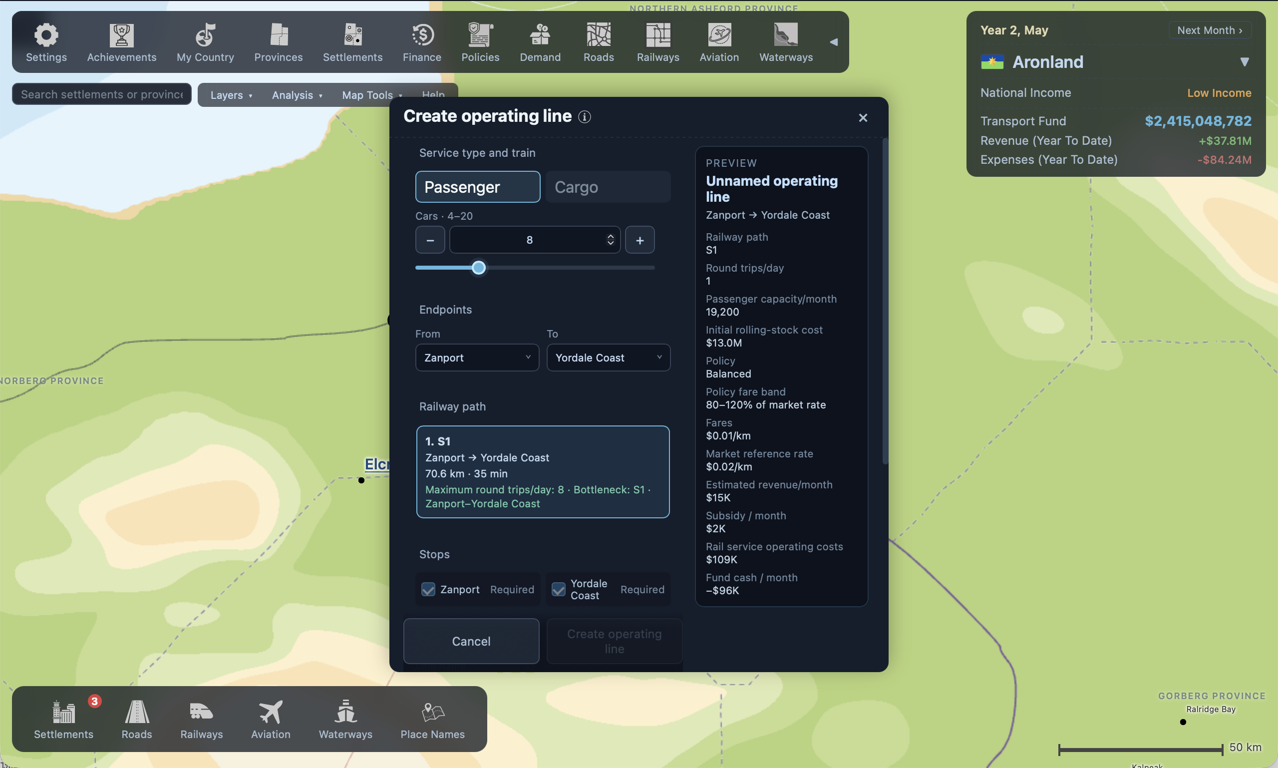The Create operating line dialog: passenger or cargo service, cars, endpoints, the railway path with its maximum round trips per day, and a preview pricing the line — policy, fare band, estimated revenue, subsidy and operating costs.